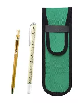 Green Cloth Pencil Case with Slide Measuring Stick and Slim 60 Gold Ballpoint Pen Set Two-Pack (NK02G-708W-SV60KBP-2)