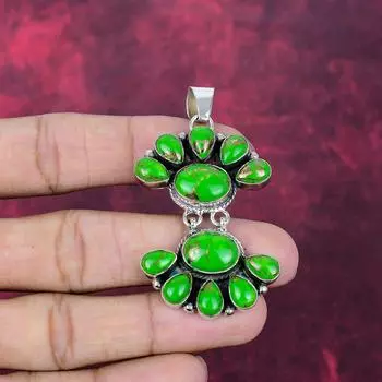 Green Copper Turquoise Handmade Gemstone Pendant, 925 Solid Sterling Silver Pendant Birthstone Jewelry, Love Forever Gift 2.44 Inches