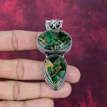 Green Copper Turquoise Handmade Gemstone Pendant, 925 Solid Sterling Silver Pendant Birthstone Jewelry, Love Forever Gift 2.75 Inches