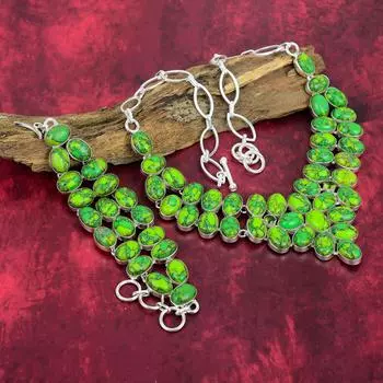Украшения ручной работы из зеленой медно-бирюзовой бижутерии, украшения из цельного серебра 925 пробы, потрясающий комплект украшений из браслета и ожерелья или свадебный подарок Adjustable With 8 -18 зелёный