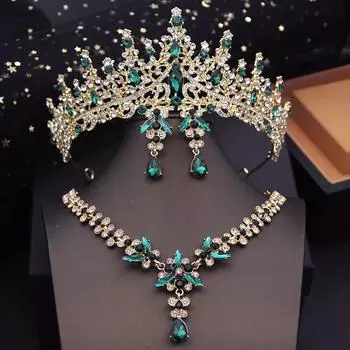 Зеленые хрустальные тиары, свадебные комплекты украшений для женщин, колье, серьги с короной, свадебное платье, костюм, аксессуары
