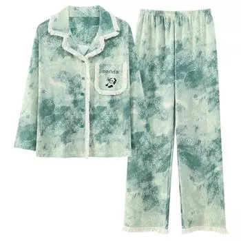 Зеленый милый женский пижамный комплект осень-зима с длинными рукавами и длинными штанами Kawaii Sleepwear Soft Pijamas Cozy Pijamas Comfy Pjs Girls M