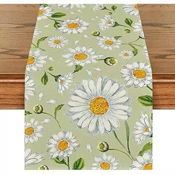 Green Daisy Flowers Spring Linen Table Runners Seasonal Summer Holiday Wedding Party Decor Washable Kitchen Dining Table Decor 150x33cm 59x13inch