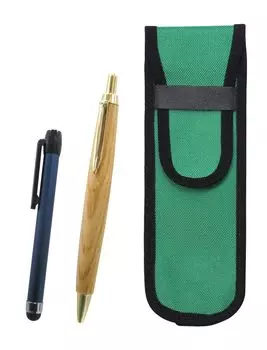 Green Fabric Pencil Case with Blue Metallic Touch Stick and Retro Maple Wood Ballpoint Pen Set Two-Pack (NK02G-ALL-HS47S-2)