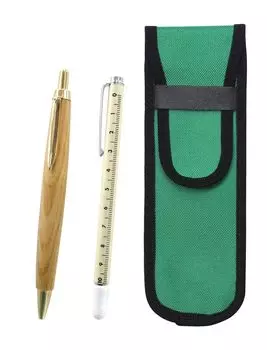 Green Fabric Pencil Case with Slide Measuring Stick and Retro Maple Ballpoint Pen Set Two-Pack (NK02G-708W-HS47S-2)