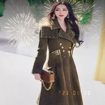 Green Fashion Style Double Breasted over the Knee Woolen Coat Light green 4XL