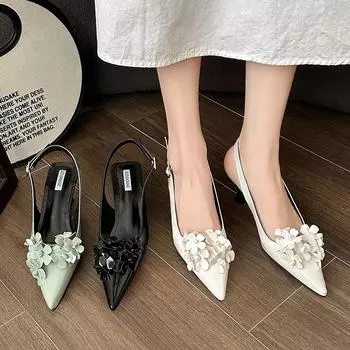 Green flower pointed sandals women s back space 24 years new spring and summer thin middle heel Korean version single shoes women s breathable shoes 35