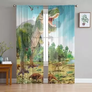 Green Forest Dinosaur Modern Curtains For Living Room Transparent Tulle Curtains Window Sheer For The Bedroom Accessories Decor W135 x H114cm