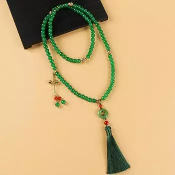 Green glazed beaded necklace medium and long high-end fringed sweater chain women s cheongsam retro accessories