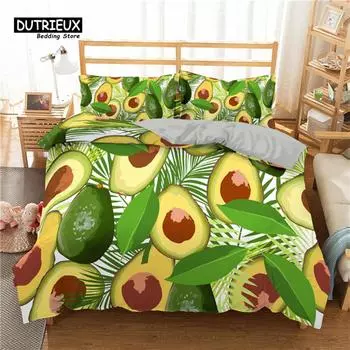 Green Halved Avocado Pattern Duvet Cover Cartoon Funny Faces Avocado Bedding Set Twin King Microfiber Tropical Fruit Quilt Cover EU single(135x200cm)