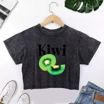 Green Kiwi Fruit Print Women Lace Washed Slim T-Shirt Summer Casual Short Sleeve Cotton Y2K T Shirts Soft Fashion Tee Tops M