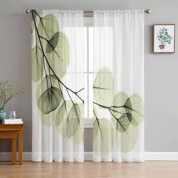 Зеленые листья, ветки, простые занавески для гостиной, прозрачные тюль-шторы, прозрачные для спальни, аксессуары, декор W135 x H114cm