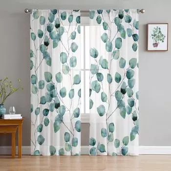 Green Leaves Branches Tulle Sheer Window Curtains for Living Room Kitchen Children Bedroom Voile Hanging Curtain W135 x H114cm