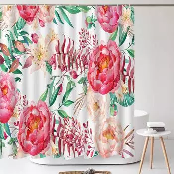 Green Leaves Plant Flower Butterfly Shower Curtain Watercolor Floral Waterproof Fabric Bath Curtains Bathroom Accessorie Decor W90xH180cm