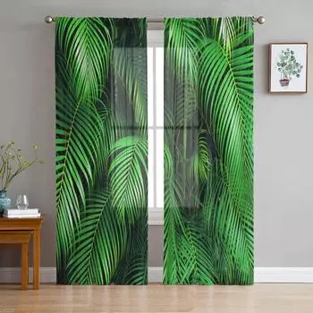 Зеленые листья, тропические джунгли, растения, Тюль, прозрачные оконные шторы для гостиной, спальни, современная вуаль, занавески из органзы, шторы W135 x H115cm x1&Rod Pocket