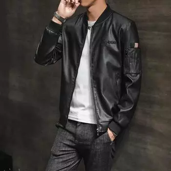 Green Men s Baseball Stand Collar Leather Jacket, Spring and Autumn New PU Leather Jacket, Fashionable Casual Leather Jacket, Motorcycle Wear Trend M