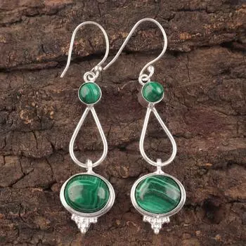 Green Oval Malachite 925 Sterling Silver Gemstone Drop/ Dangle Earrings 2.50 EE-132-19