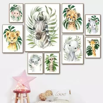Green Plant Animal Elephant Zebra Rhino Nursery Wall Art Canvas Painting Posters And Prints Wall Pictures Baby Kids Room Dcor No Frame 21*30cm No Frame
