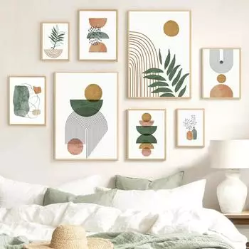 Green Plant Leaf Lines Round Vase Abstract Art And Prints Canvas PostersWall Decoration Home Paintings For Living Room Decor 21x30cm No Framed