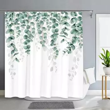 Green Plants Eucalyptus Leaves Shower Curtain Natural Watercolour Leaves Tropical Botanical Patterns Bath Curtain Bathroom Decor 35x70in-90x180cm