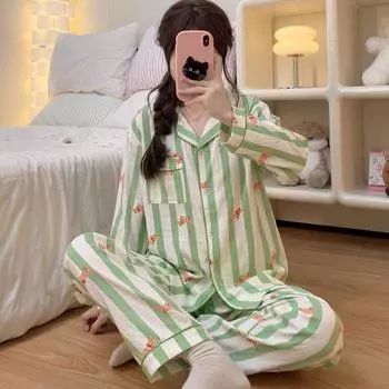 Green Striped Dog Print Wear Outside Women s Pajamas Long Sleeve Lapel Neck Design Home Wear New Autumn Winter Warm Pajamas M бежевый