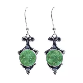 Green Titanium Agate Drusy - India 925 Sterling Silver Earring V6709, Green Earring, Round Earring, Valentin s Day Gift, Gift For Her, Birthday Gift,
