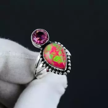 Кольцо из серебра 925 пробы с зеленой бирюзой и розовым кунцитом, регулируемое — подходит для размеров США от 6 до 10 — украшения ручной работы в стиле бохо для женщин и мужчин, подарки на День святого Валентина Adjustable зелёный