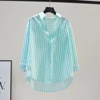 Green Vertical Striped Cotton and Linen Casual Simple Shirt Green bar One size