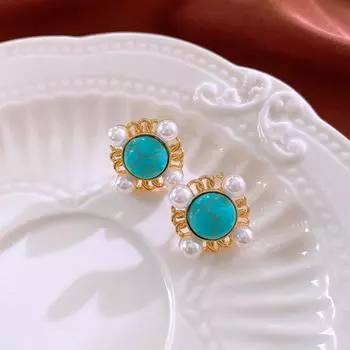 Green Water Drop Bohemian Turquoise Earrings Turquoise Earrings Pendant Pearl Ear Studs Lady Gifts StyleD