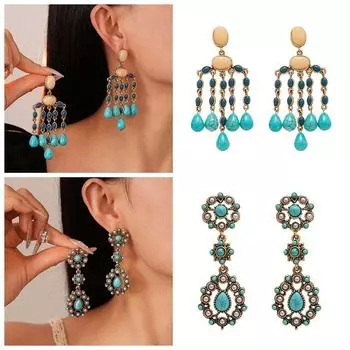 Green Water Drop Ethnic Style Tassel Earrings Turquoise Earrings Pendant Women StyleB