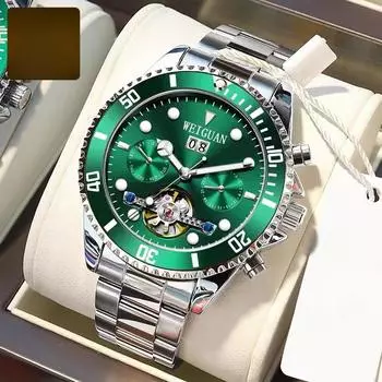 Green Water Ghost Полностью автоматические механические часы с турбийоном Мужские часы Мужские многофункциональные календарные светящиеся водонепроницаемые