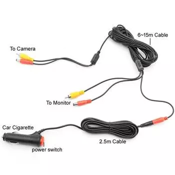 GreenYi 6~15 Meters RCA Video Power Cable For Rear View Camera Connect Car Monitor to Car Cigarette lighter power Adapter