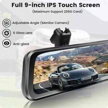 GreenYi 9 Inch IPS Full HD Touch Screen DVR Car 2.5K Parking Monitor Rear View Mirror Camera Recorder Dash Cam Dual Lens Video