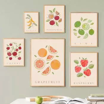 Грейпфрут Малина Вишня Банан Лимон Плакаты и принты Холст Картина Скандинавские настенные художественные картины для декора кухни 21X30cm No Frame