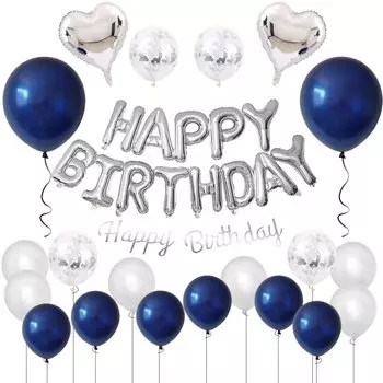 GRESATEK Набор для украшения дня рождения воздушными шарами С днем рождения С Днем Рождения Воздушные шары в форме сердца с конфетти Двусторонняя лента с лентой Ночно-голубой