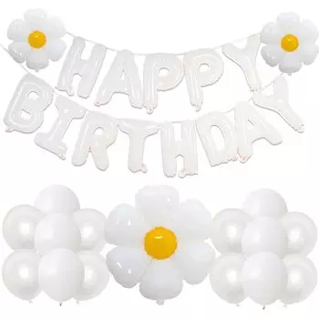 GRESATEK Воздушный шар на день рождения Ромашка Воздушный шар Украшение на день рождения Письмо с днем рождения Воздушный шар с фотографией Потрясающий цветок Белый Белый Роскошный набор