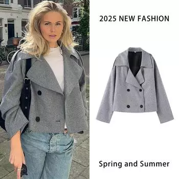 Серое двубортное шерстяное пальто для женщин с длинным рукавом и свободными лацканами, короткая куртка на осень-зиму, элегантная повседневная верхняя одежда S серый