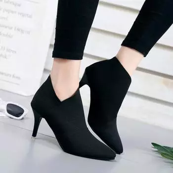 Grey Fashion Women High Heel Booties Large Size 34-41 Female High-Heeled Boots Young Ladies Booties 8.5cm Heel Cloth Boots 38
