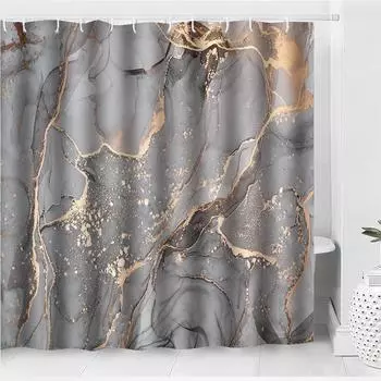 Grey Fashionable Golden Marble Patterned Bathroom Shower Curtain Waterproof 180x180cm