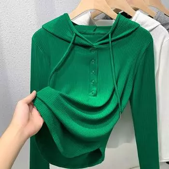 Grey Hooded Long-sleeved T-shirt Women s New Slim-fit Bottoming Shirt Autumn and Winter Versatile Jacket Thin Casual Top S