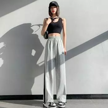 Grey Wide Leg Pants For Women In Summer, Thin Drawstring, Versatile Sports, Leggings, Casual Pants, High Waist, Loose Harun Pants S серый