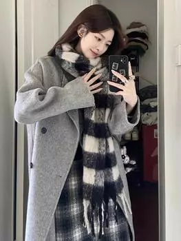 Grey woolen coat women s new autumn and winter clothing in 2024 Korean small man sense medium and long woolen coat S