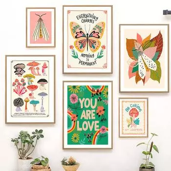Гриб Бабочка Вдохновляющие цитаты Плакаты и принты Бохо Детская Настенная картина Картина на холсте Скандинавский декор для гостиной 21x30cm No Frame