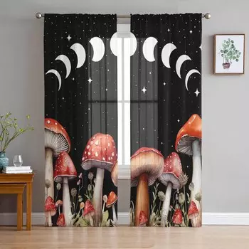 Грибная акварель Звездное небо Луна Ретро стиль Спальня Шторы Тюль Прозрачная занавеска Гостиная Домашний декор Вуаль Шторы 135W x 114H(cm)