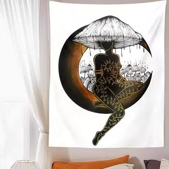 Грибная Девушка Настенный Гобелен Растение Грибковое Искусство Черно-Белый Гобелен Ведьмы Бохо Арт Настенный Декор Гобелен Принадлежности Для Колдовства 100x75cm