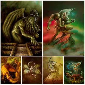 Грибной эльф, Ктулху, ведьма-призрак, винтажная настенная живопись на холсте, роза для дьявола, художественный постер и печать для декора гостиной без рамки 21*30cm No Frame