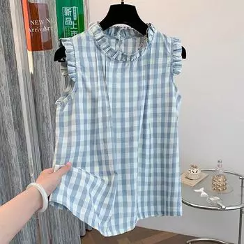 Грибной край клетчатый жилет кукольная рубашка женская 2025 лето новый дизайн чувство свободный омолаживающий шикарный красивая рубашка M