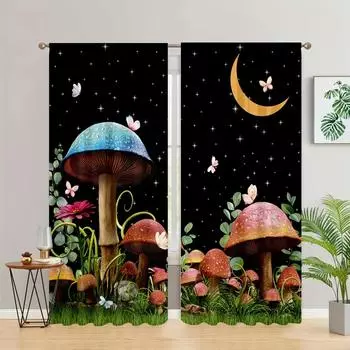 Грибной лунный принт, высокие затемняющие шторы, шторы, черная серия, шторы, подходящие для спальни, кабинета, дома, новые модные узоры W55 X H120cm X 2&HOOK