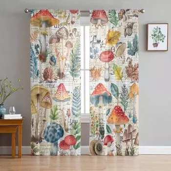 Грибы и растения, нарисованные вручную акварелью, тюлевые занавески в стиле ретро для спальни, роскошные домашние шторы в гостиной, шифоновые панели 135W x 114H(cm)