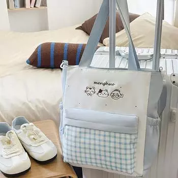 Grid Cat Fashion Embroidery Pattern Unisex Nylon School Backpack For Use Daily Blue Shoulder